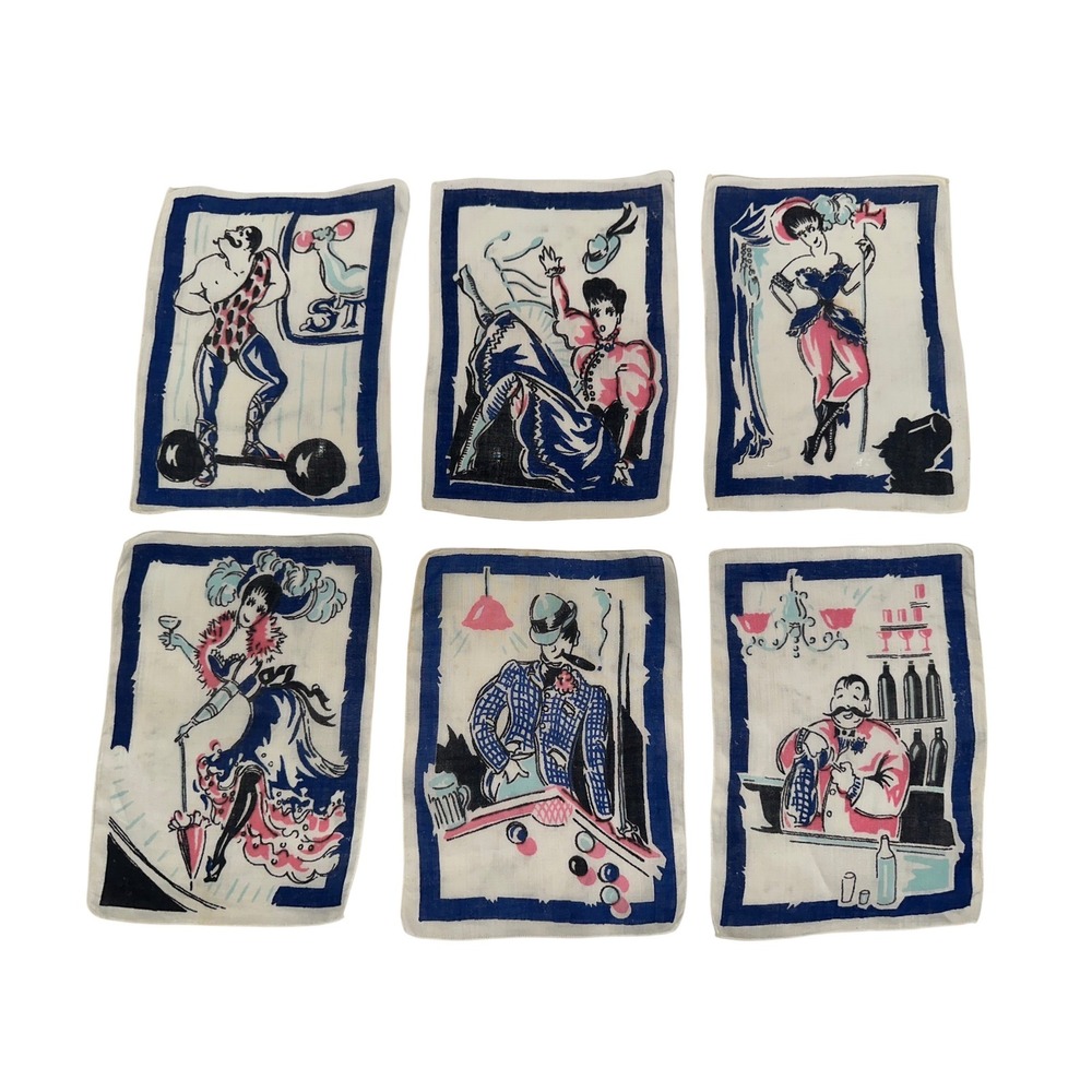 1940/50s MCM Fabric Cocktail Napkins Gay‎ 90s Nineties Scenes Bar Retro Vintage